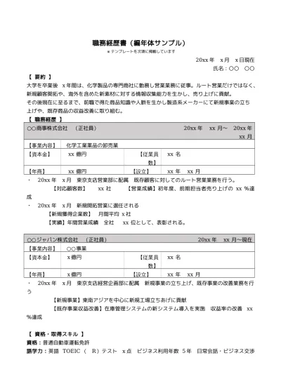 職務経歴書のテンプレートはこちら 記述式