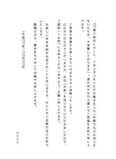 無料 お悔やみ状のテンプレート 縦書き 喪中はがきで訃報を知った場合 01 文書 テンプレートの無料