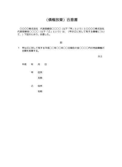 債権放棄合意書の雛形の無料 債権放棄合意書の書き方 例文 文例 書式 様式 フォーマット 雛形 ひな形 テンプレート01 文書 テンプレートの無料