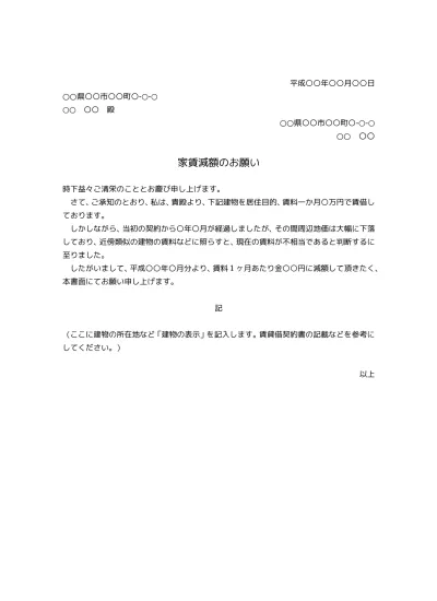 無料 家賃引き下げ交渉 賃料減額 引下げ 値引き のお願い文 お願い文書 お願い文章の書き方 例文 文例 テンプレート01 文書 テンプレートの無料