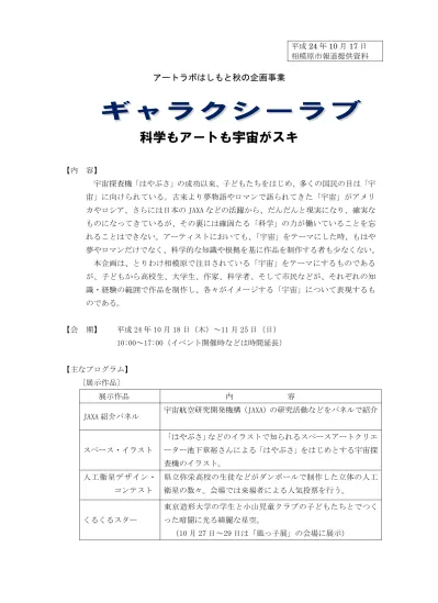 アートラボはしもと秋の企画 ギャラクシーラブ 科学もアートも宇宙がスキ 発表資料 平成24年10月分 相模原市