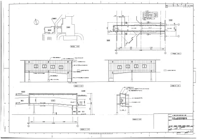 解体工事用図面 上越市第2クリーンセンター管理棟 工場棟渡り廊下平面図 立面図 杭伏図