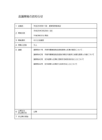 投票記載所の候補者氏名等の氏名掲示の順序を決定するくじについて 選挙管理委員会の開催状況 平成25年 市原市