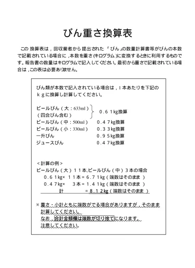 びん重さ換算表 びんの本数を重量に換算する場合に使用 つくば市 資源物集団回収に対する奨励金交付事業