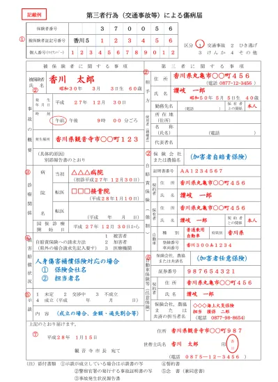 第三者の行為による傷病届 記入例 第三者行為 交通事故など によるケガで病院などを受診したとき 帯広市ホームページ 十勝