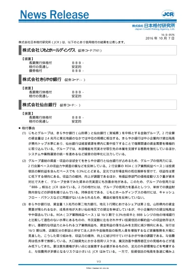 15d0781 1 東京tyフィナンシャルグループ 据置 b 安定的 東京都民銀行 据置 b 安定的 b 劣後 八千代銀行 据置 b 安定的