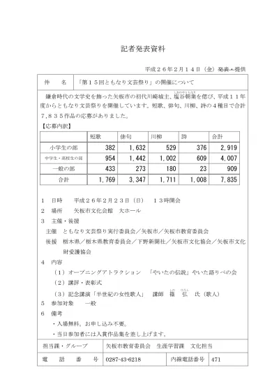 第15回ともなり文芸祭り の開催について 記者発表 平成26年2月14日発表分 栃木県矢板市公式ウェブサイト