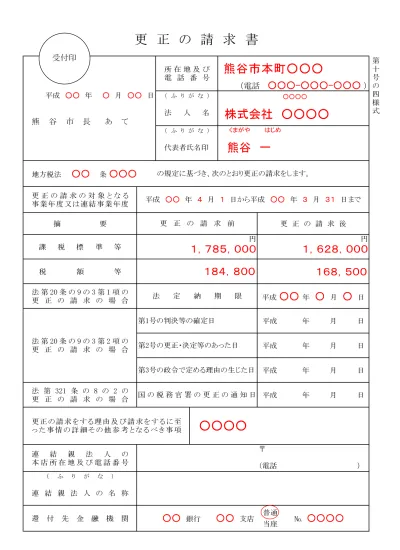 更正の請求書 法人市民税申告関係書類 静岡市申請書