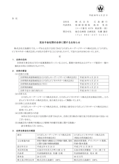 18年4月27日完全子会社間の合併に関するお知らせ 広島銀行 真っ先にご相談いただける ファースト コール バンクグループ を目指します