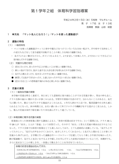 第 1 学年 2 組体育科学習指導案 平成 24 年 2 月 15 日 水 5 校時マルチルーム 男子 17 名女子 13 名 指導者教諭山田絵里 1 単元名 マット名人になろう マットを使った運動遊び 2 運動の特性 1 一般的特性