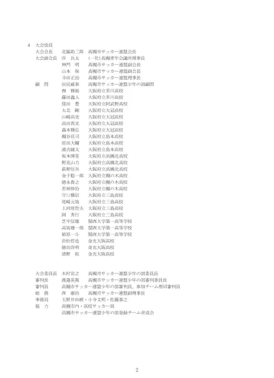 高槻市サッカー連盟少年の部スタッフ及び登録チーム一覧表 スタッフ 氏 名 電話番号 郵便番号 住 所 顧 問 田 尻 威 春 高槻市芝生町 部 長 寺 田 正 治 高槻市城南町 委 員