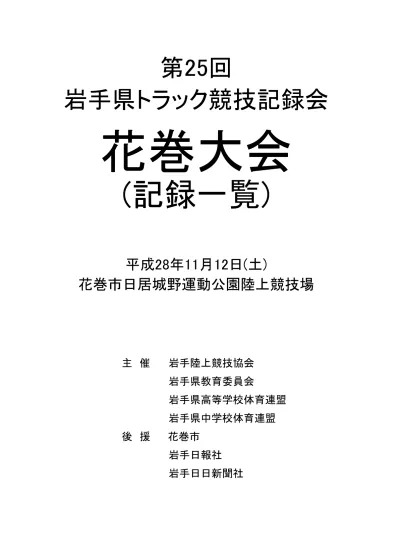 第 29 回岩手県トラック競技記録会花巻大会 気象状況 平成 30 年 4 月 30 日 月 祝 時刻 天候 気温 湿度 風向 風速 9 00 曇り 南西 0 0 00 晴れ 南西 2 00 曇り 南西 5 2 00 晴れ