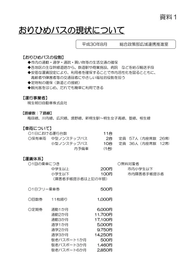 資料 1 おりひめバスの現状について 平成 30 年 8 月 総合政策部広域連携推進室 おりひめバスの役割 市内の通勤 通学 通院 買い物等の生活交通の確保 各地区の主な幹線道路から 鉄道駅や商業施設 病院などを結ぶ輸送手段 安価な運賃設定により 利用者を確保することで市内