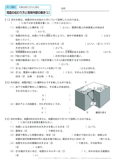 中学１年生 理科 地震の伝わり方と地球内部の働き 練習問題プリント 無料ダウンロード 印刷 このページの答えのプリント 全部