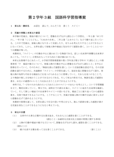 第 2 学年 3 組国語科学習指導案 1 単元名 教材名お話を読んで かんそうを書こうスイミー 2 児童の実態と本単元の意図本学級の児童は 場面の様子について 想像を広げながら読むという学習を 一年上巻 ゆうやけ 一年下巻 くじらぐも たぬきの糸車 二年上巻 ふきのとう など