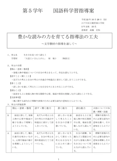 習過程読みのめあて予見学習計画4 学習計画 全 12 時間 学時 主な学習活動と内容 読み方の種 大切にする言葉 指導上の留意点 言語活動の工夫 書くこと 1 の観点と手だて 交流 の観点と手だて 書くこと 2 の観点と手だて 1 1 題名と冒頭をつないで読みのめあてを