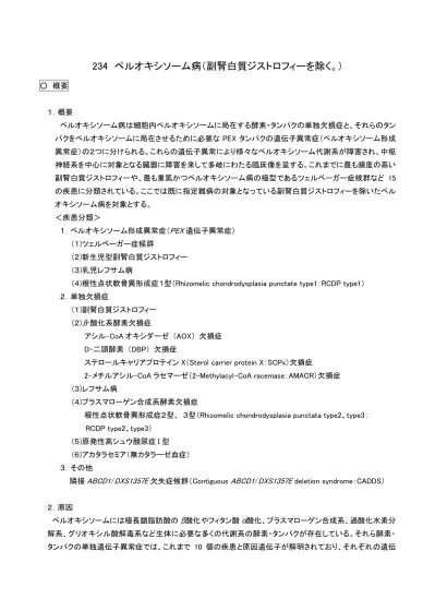 子異常に起因する様々な代謝障害と多岐にわたる臨床像を呈している 一方 それらのタンパクのペルオキシソームへの輸送に関わる Pex 遺伝子異常によるペルオキシソーム形成異常症では これまで 13 個の原因となる Pex 遺伝子が知られており 臨床的にはペルオキシソーム代謝