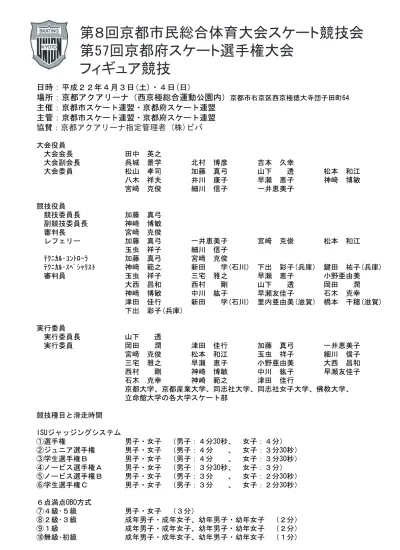 平成 21 年度第 8 回京都市民総合体育大会スケート競技会競技時間割平成 21 年度第 57 回京都府スケート選手権大会フィギュア競技競技時間割 一日目 4 月 3 日土曜日 競技の進行が早くなる場合があります ご注意ください 競技順競技種目滑走時間人数グループ分け練習