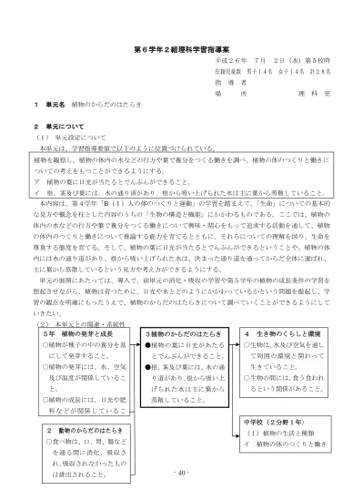 第 6 学年 2 組理科学習指導案平成 26 年 7 月 2 日 水 第 5 校時在籍児童数男子 14 名女子 14 名計 28 名指導者場所理科室 1 単元名植物のからだのはたらき 2 単元について 1 単元設定について本単元は 学習指導要領で以下のように位置づけられている 植物を観察