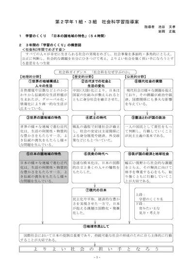 第 2 学年 1 組 3 組 1 学習のくくり 日本の諸地域の特色 54 時間 社会科学習指導案 指導者 池谷 文孝 岩岡 正紘 2 3 年間の 学習のくくり の構想図 社会科 3 年間でめざす姿 すべての人々が幸せに生きられる社会の実現をめざし 社会事象を多面的 多角的にとらえ