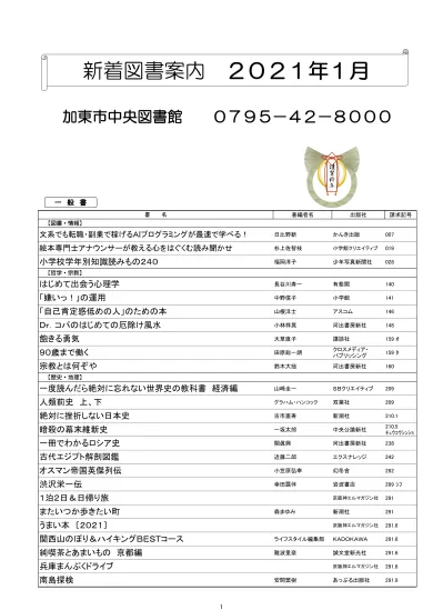 新着図書案内 21 年 1 月 加東市中央図書館 一般書 書名 図書 情報 文系でも転職 副業で稼げるaiプログラミングが最速で学べる 絵本専門士アナウンサーが教える心をはぐくむ読み聞かせ小学校学年別知識読みもの240 哲学 宗教 はじめて出会う心理学 嫌いっ の運