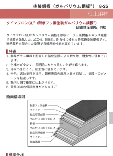 塗装鋼板 ガルバリウム鋼板 8 25 仕上用材 タイマフロンgl 耐摩フッ素塗装ガルバリウム鋼板 日鉄住金鋼板 株 タイマフロンglはガルバリウム鋼板を原板に フッ素樹脂 ガラス繊維 で塗膜を強化した 加工性 耐候性 耐食性に優れた最高級塗装鋼板です 遮熱顔料を配合した塗膜