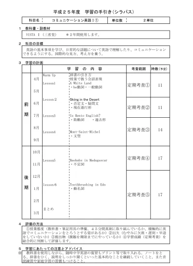 平成 26 年度学習の手引き シラバス 科目名コミュニケーション英語 1 単位数 2 単位 1 教科書 副教材 Vista 三省堂 2 年間使用します 2 科目の目標 英語の基本事項を学び 日常的な話題について英語で理解したり コミュニケーションできるようにする 国際的な見方