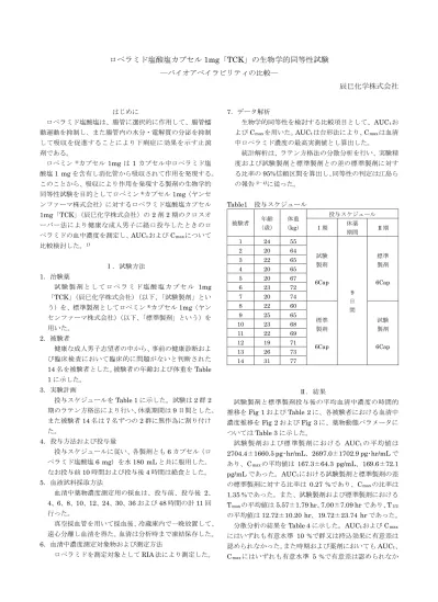 ロペラミド塩酸塩カプセル 1mg Tck の生物学的同等性試験 バイオアベイラビリティの比較 辰巳化学株式会社 はじめにロペラミド塩酸塩は 腸管に選択的に作用して 腸管蠕動運動を抑制し また腸管内の水分 電解質の分泌を抑制して吸収を促進することにより下痢症に効果を示す