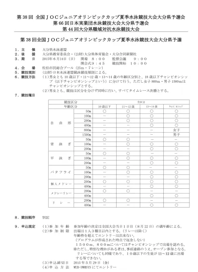 Individual Event 50mbr Male Sc 宇野圭尊 大津 中 9 2 第 36 回大津市選手権水泳競技秋季大会 野口佳靖 イトマン 中 4 15 第 1 回大阪府ジュニア