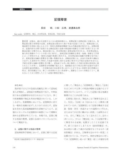 語と考えられる 因みに 認知科学辞典に依れば 忘却 は 学習した項目の記憶減衰 健忘症 は 狭義の健忘症 健忘症候群 は知能や注意能力が保たれているにも拘らず記憶障害のみが突出している病態を指す と記されている 記憶障害 はあくまで症状を示す用語であり 認知症