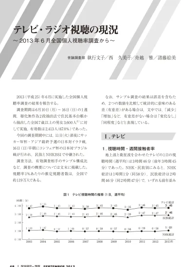 である 図 1 このうち 衛星放送の視聴時間は18 分 Nhk 衛星計 7 分 民放衛星計 11 分 である なお Nhk 総合テレビの週間接触者率 1 週間に 5 分以上見た人の割合 は59 8 で 前年