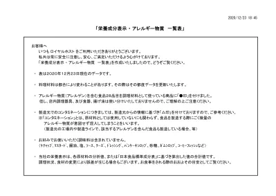 更新日 19 8 21 1 7 きんぐ 一覧表記載のアレルギー情報は その料理に使用されているアレルギー物質特定原材料 7 品目 小麦 そば 卵 乳 落花生 えび かに について調べたもので メニュー選択の参考にしていただくものです アレルギー物質に対する感受性には個人差