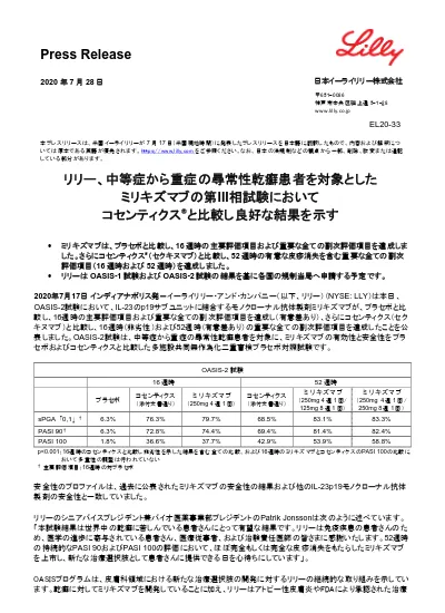 リリー 中等症から重症の尋常性乾癬患者を対象としたミリキズマブの第iii相試験においてコセンティクス と比較し良好な結果を示す