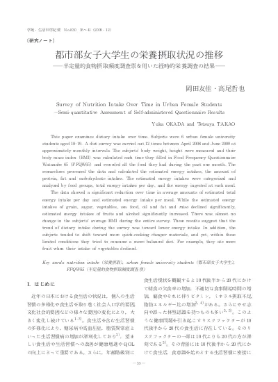 都市部女子大学生の栄養摂取状況の推移 半定量的食物摂取頻度調査票を用いた経時的栄養調査の結果